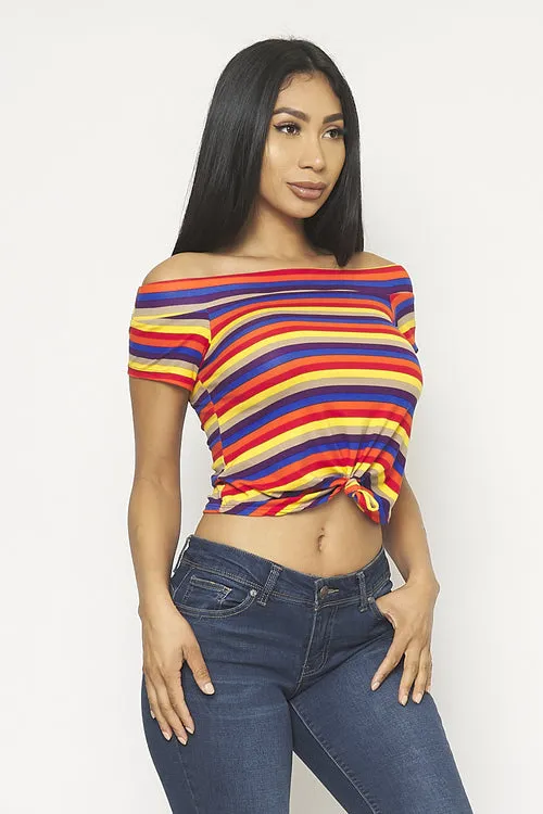 Multi Color Stripe Off Shoulder Crop Top with Short Sleeves and Front Tie Detail (0008957)