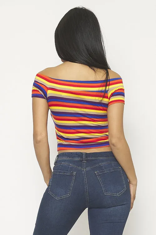 Multi Color Stripe Off Shoulder Crop Top with Short Sleeves and Front Tie Detail (0008957)