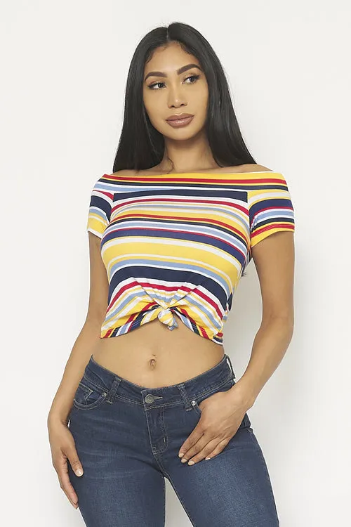Multi Color Stripe Off Shoulder Crop Top with Short Sleeves and Front Tie Detail (0008957)