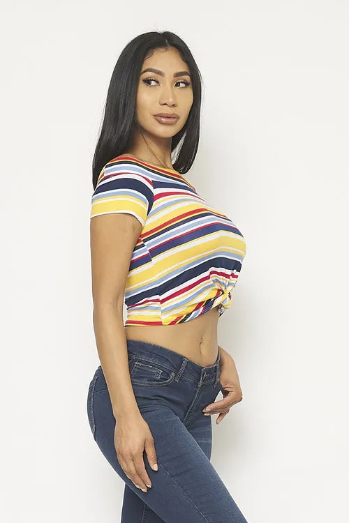 Multi Color Stripe Off Shoulder Crop Top with Short Sleeves and Front Tie Detail (0008957)