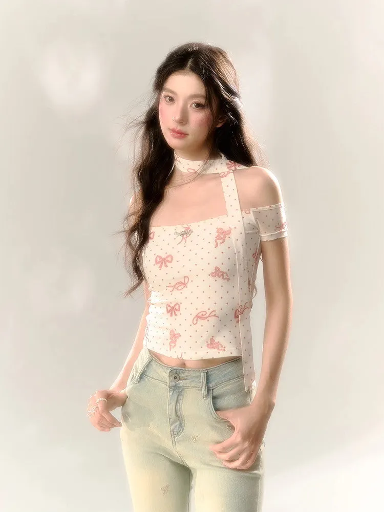 Off-Shoulder Ribbon Dot Tight 2Way Tops