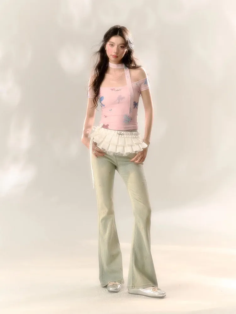 Off-Shoulder Ribbon Dot Tight 2Way Tops