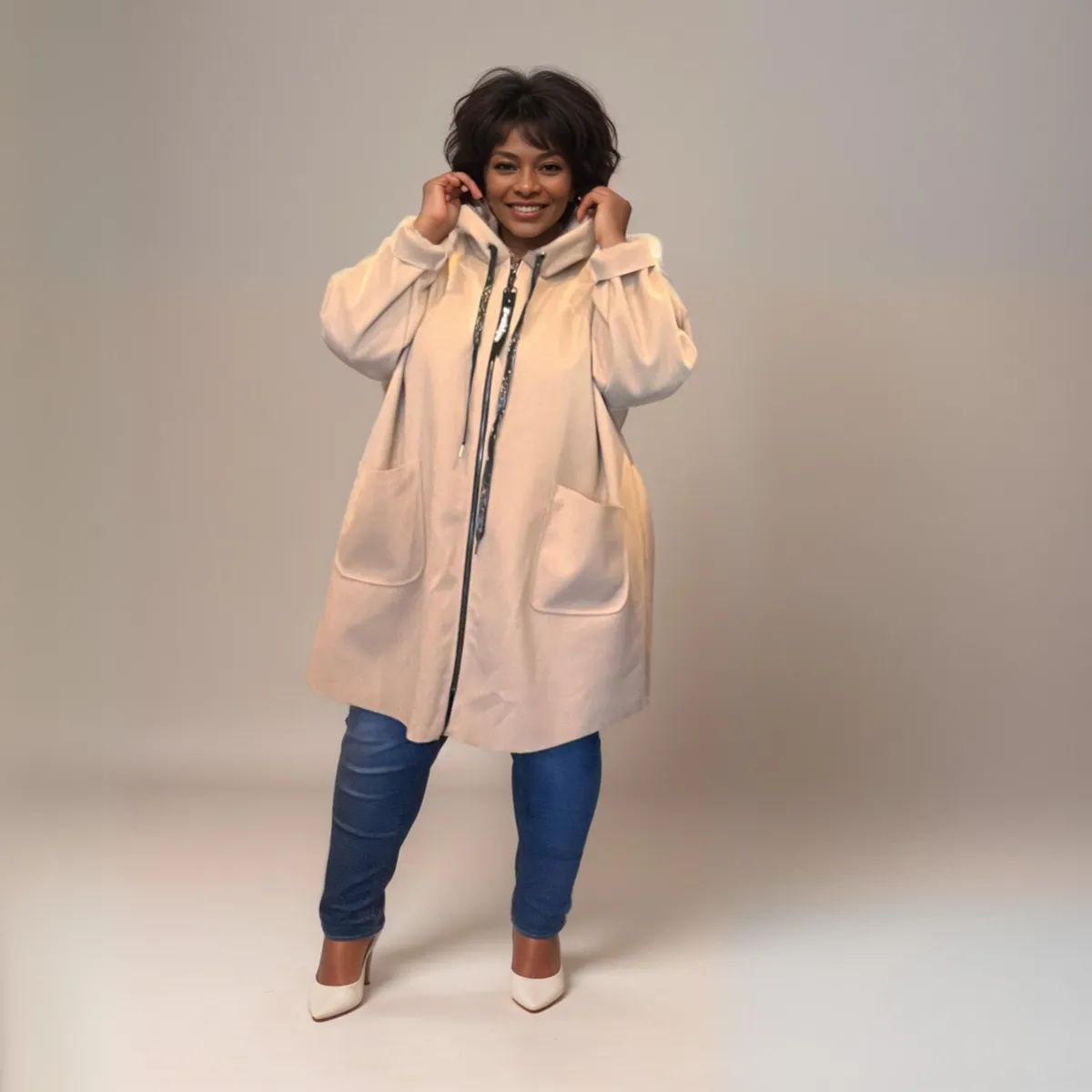 OVERSIZED POCKET FRONT COAT WITH HOOD