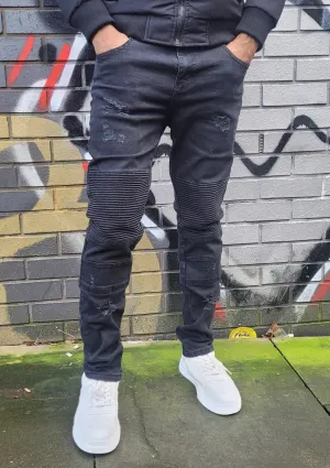 Peviani Biker Ripped Jeans-Black