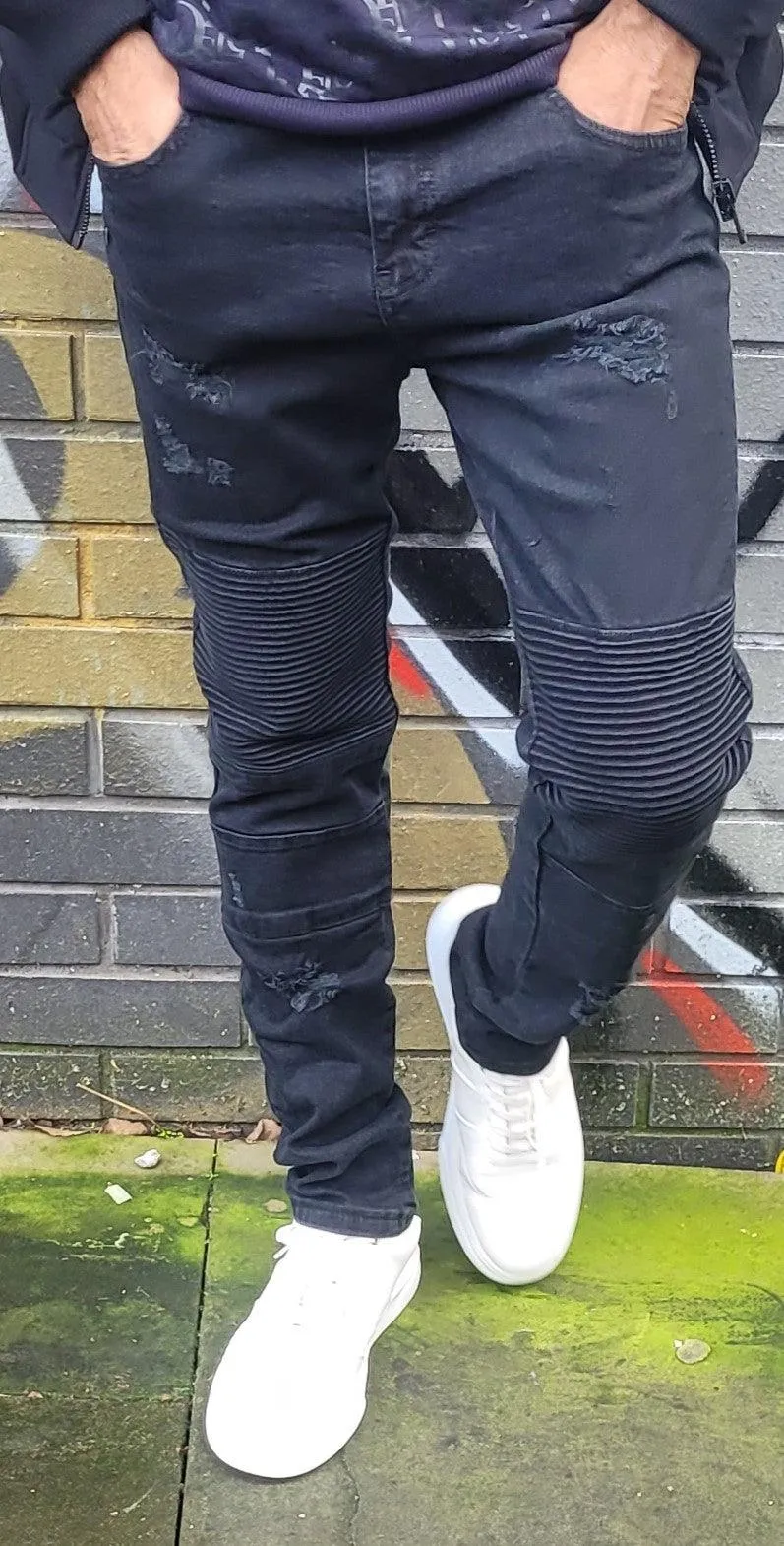 Peviani Biker Ripped Jeans-Black