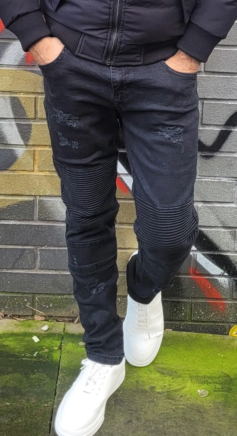 Peviani Biker Ripped Jeans-Black
