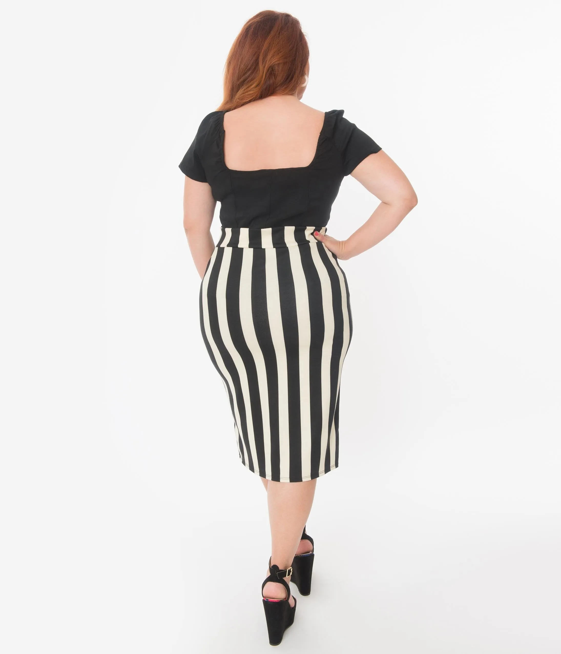 Plus Size Retro Style Black & Cream Stripe High Waisted Wiggle Skirt