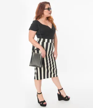 Plus Size Retro Style Black & Cream Stripe High Waisted Wiggle Skirt
