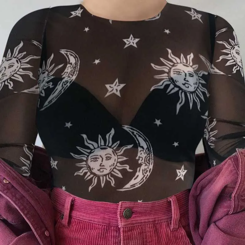 Retro Angel Cherub Printed Sheer Mesh High Neck Crop Top