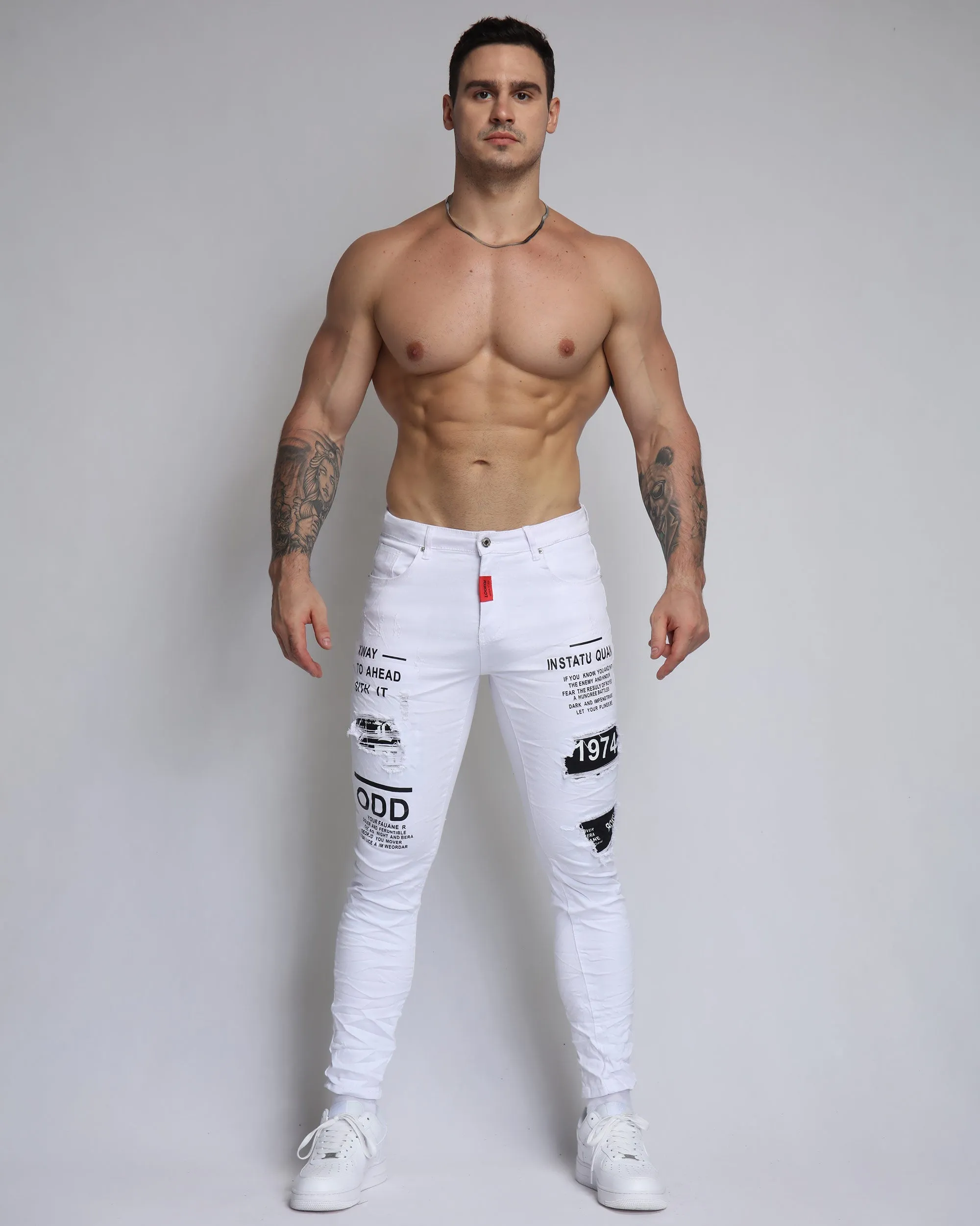 Ripped White Jeans with Lettes Numbers Patched-Mexico Local Delivery