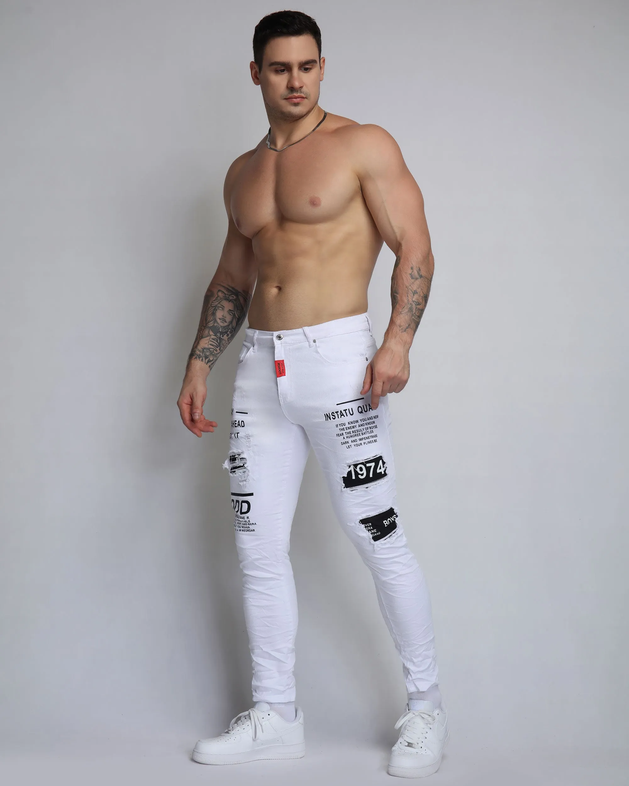 Ripped White Jeans with Lettes Numbers Patched-Mexico Local Delivery