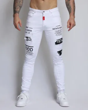 Ripped White Jeans with Lettes Numbers Patched-Mexico Local Delivery