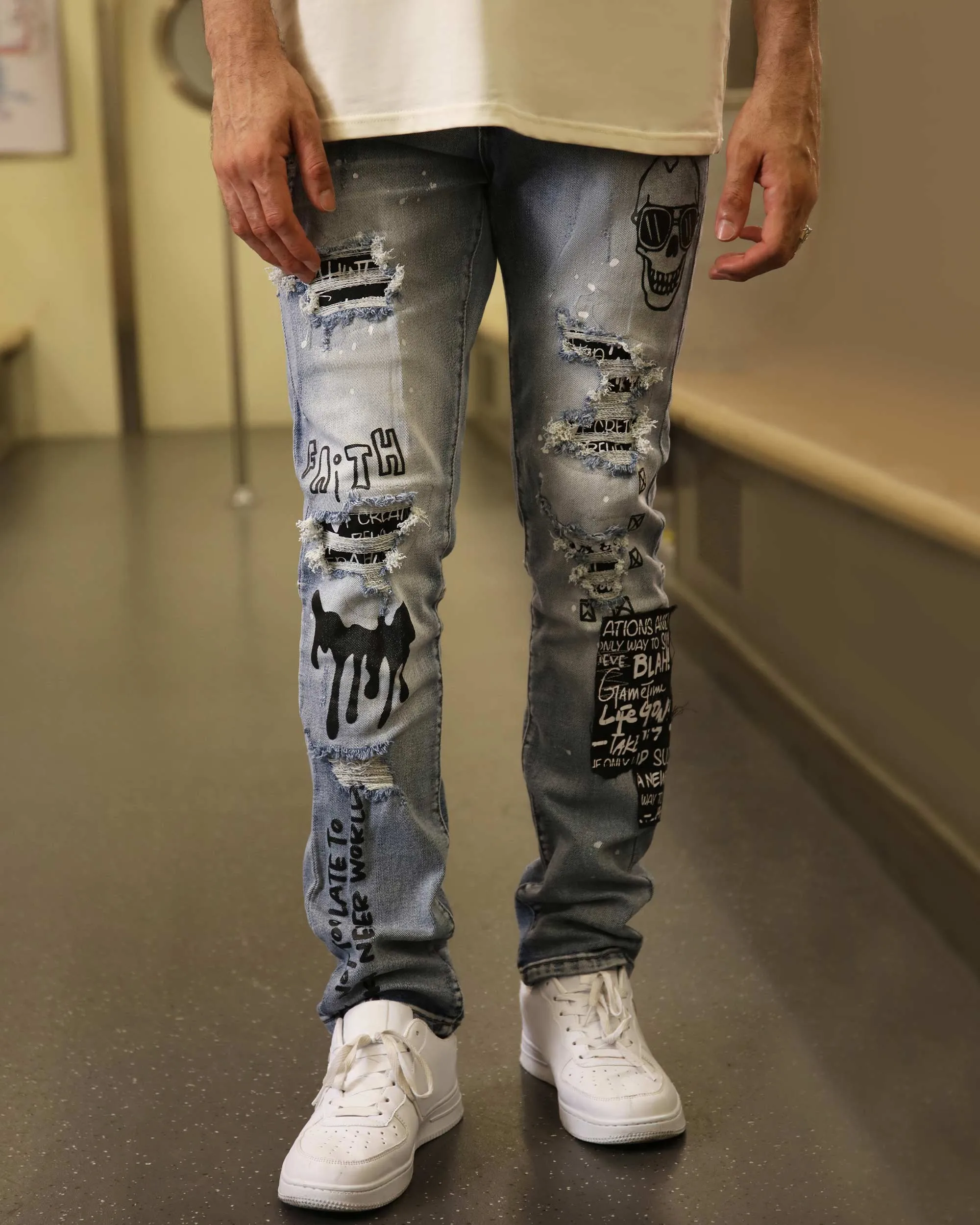 Skull Blue Graffiti  Ripped Jeans with Streetwear Edge-Mexico Local Delivery