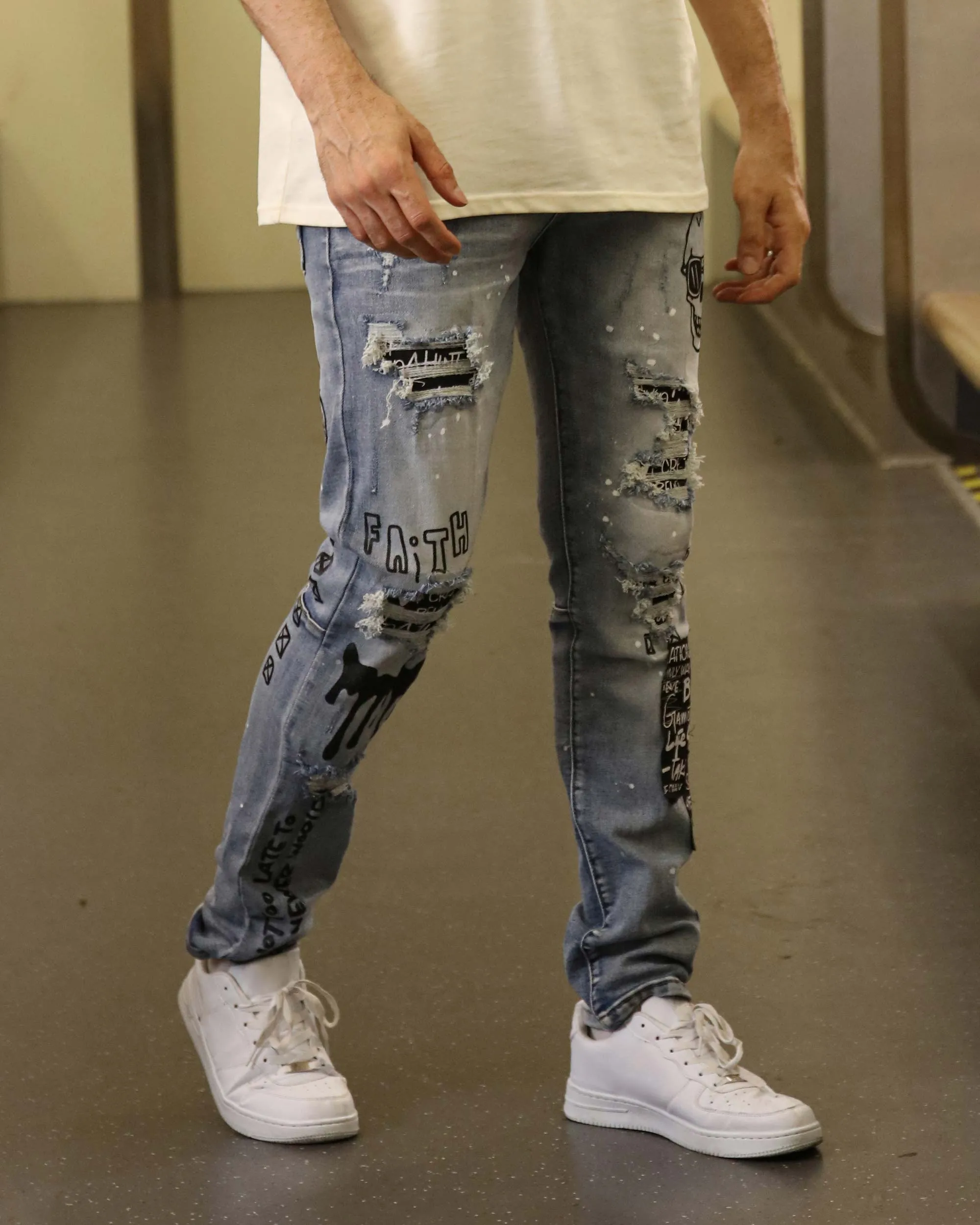 Skull Blue Graffiti  Ripped Jeans with Streetwear Edge-Mexico Local Delivery
