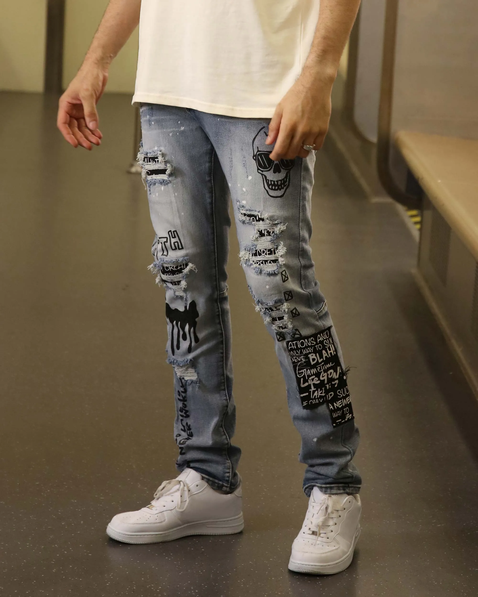 Skull Blue Graffiti  Ripped Jeans with Streetwear Edge-Mexico Local Delivery