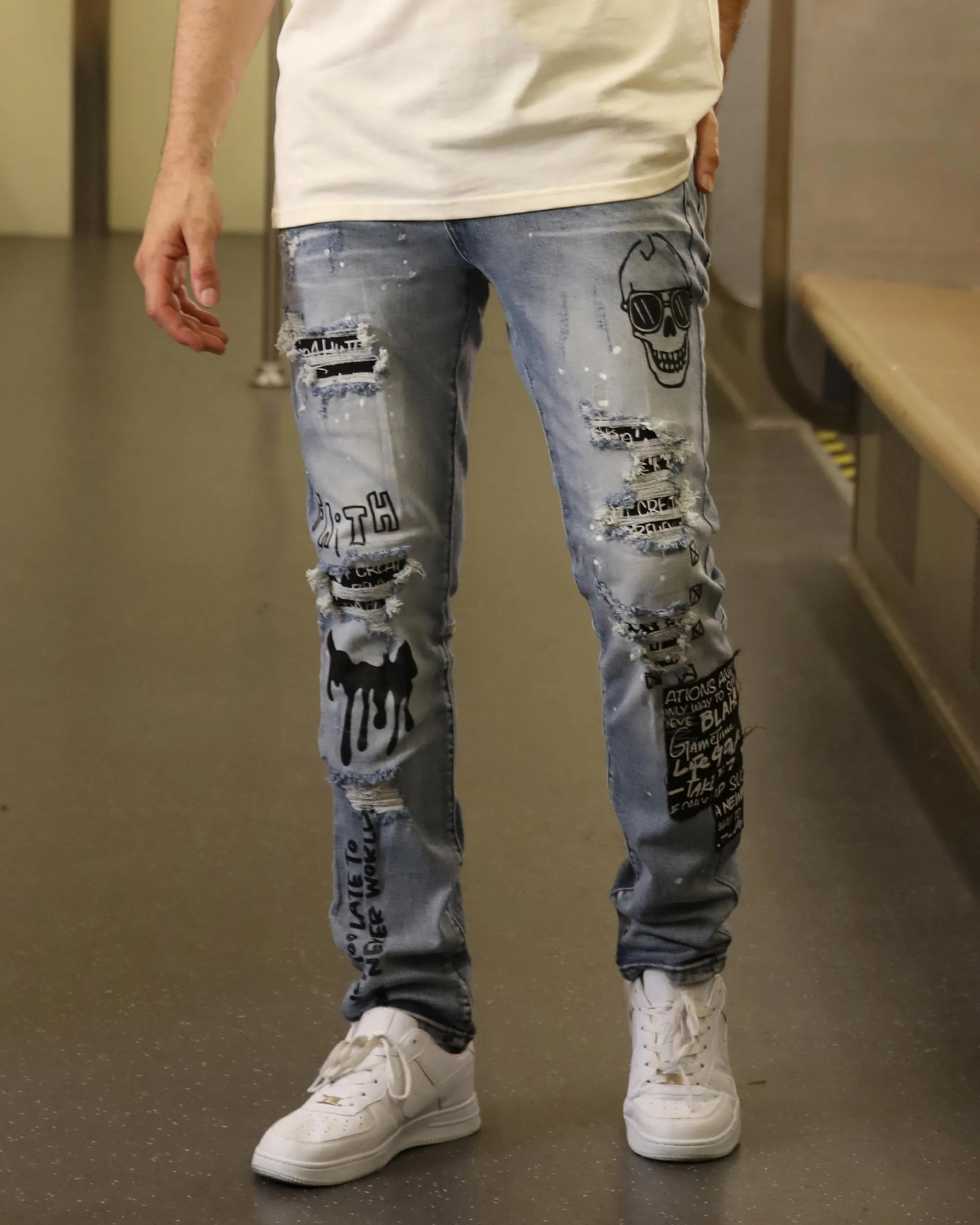 Skull Blue Graffiti  Ripped Jeans with Streetwear Edge-Mexico Local Delivery