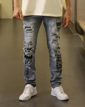 Skull Blue Graffiti  Ripped Jeans with Streetwear Edge-Mexico Local Delivery
