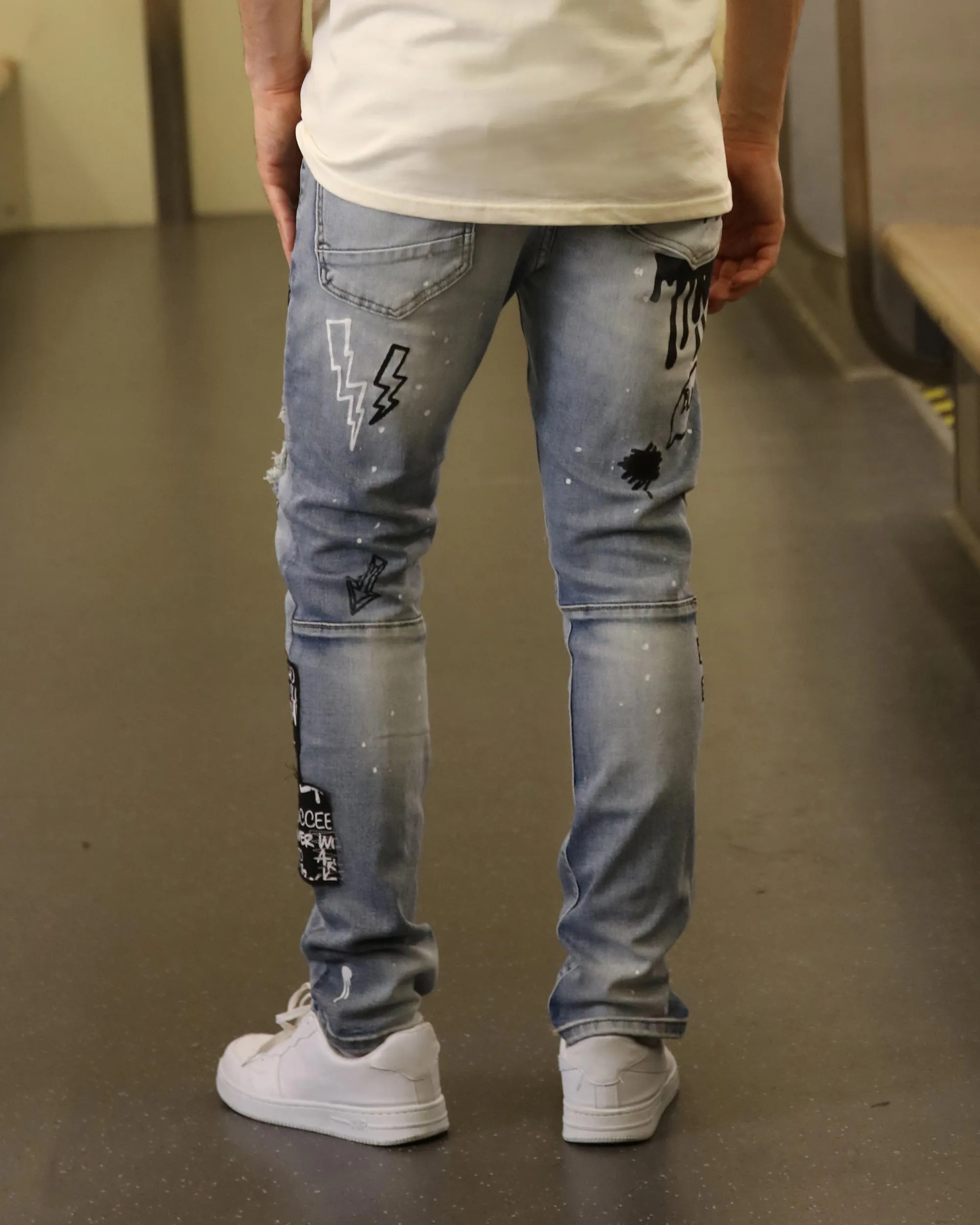 Skull Blue Graffiti  Ripped Jeans with Streetwear Edge-Mexico Local Delivery