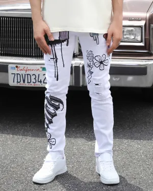 Streetwear White Ripped Jeans with Colorful Graffiti