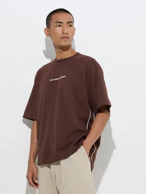 Studiofit Brown Printed Relaxed-Fit Cotton-Blend T-Shirt