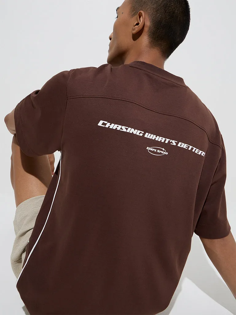Studiofit Brown Printed Relaxed-Fit Cotton-Blend T-Shirt