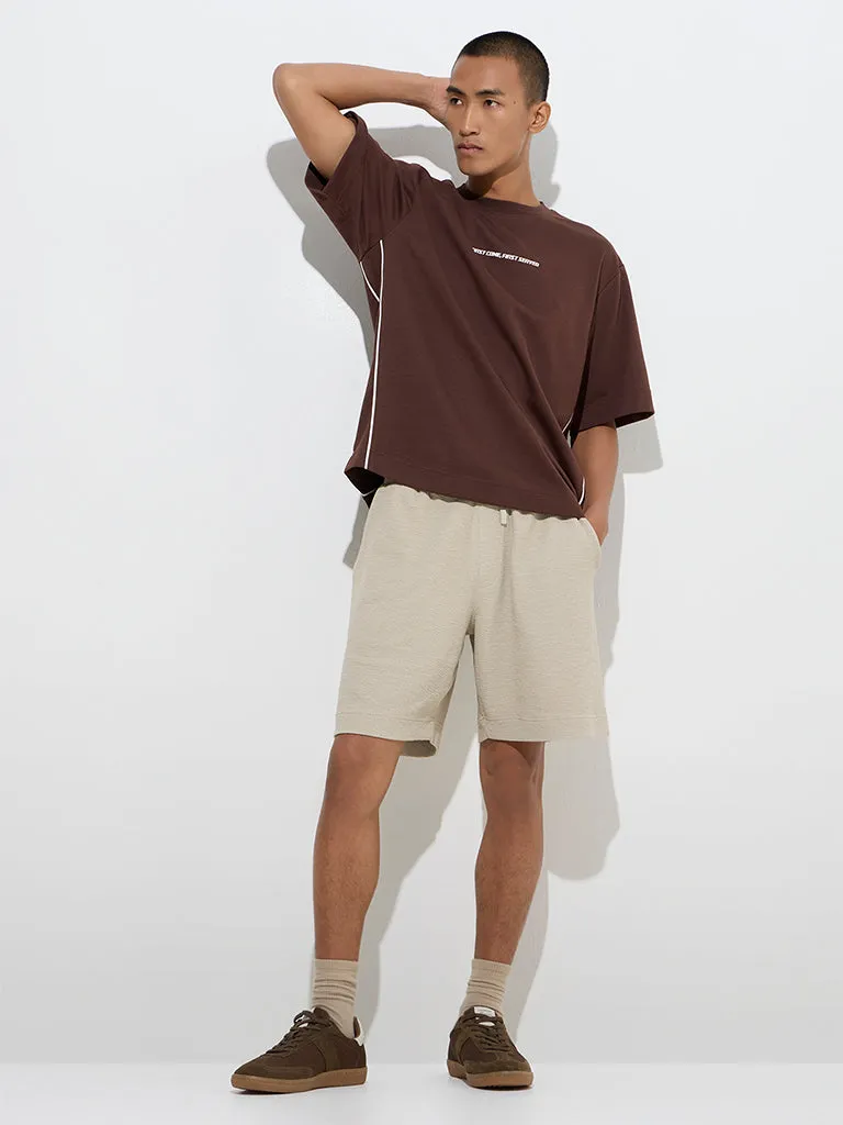 Studiofit Brown Printed Relaxed-Fit Cotton-Blend T-Shirt