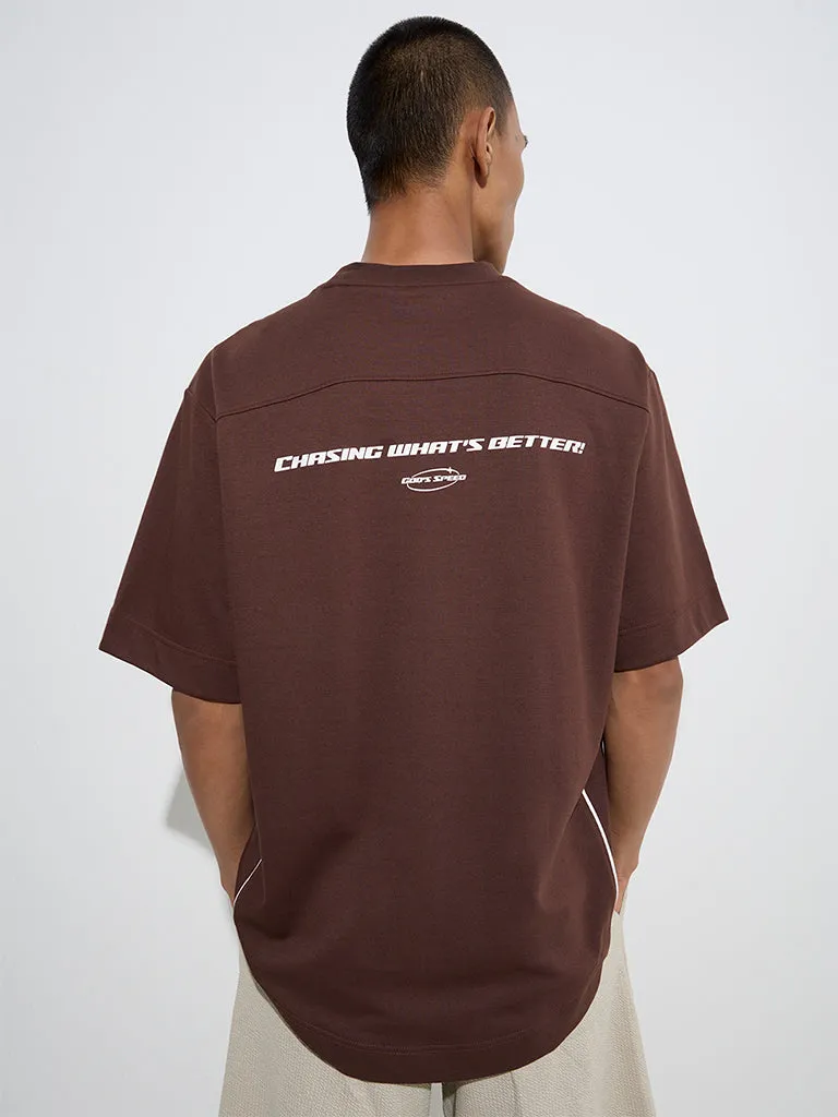 Studiofit Brown Printed Relaxed-Fit Cotton-Blend T-Shirt