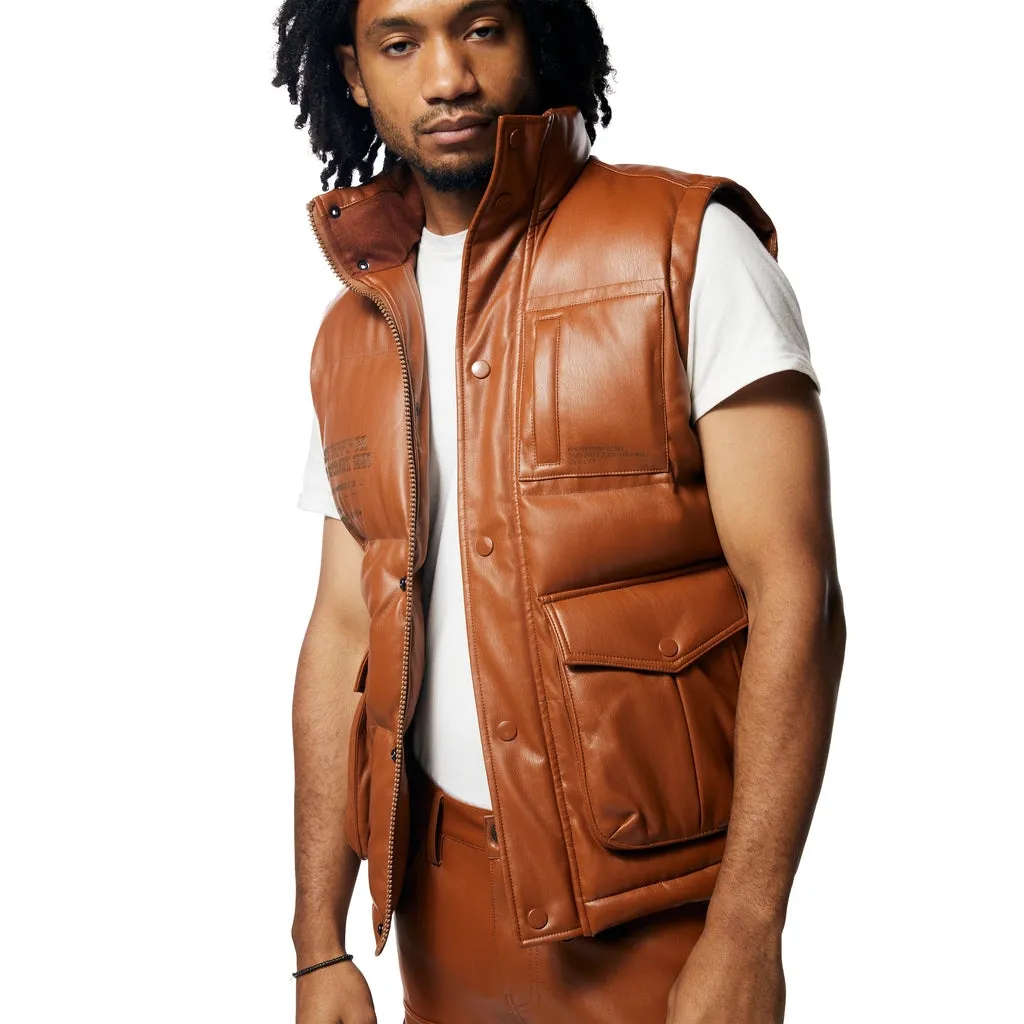 Utility Vegan Leather Vest - Cognac
