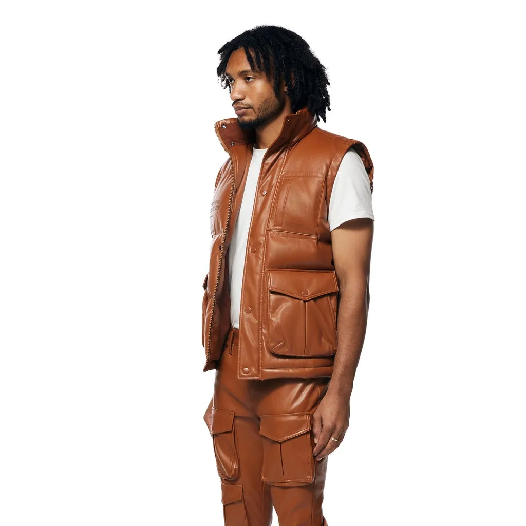 Utility Vegan Leather Vest - Cognac