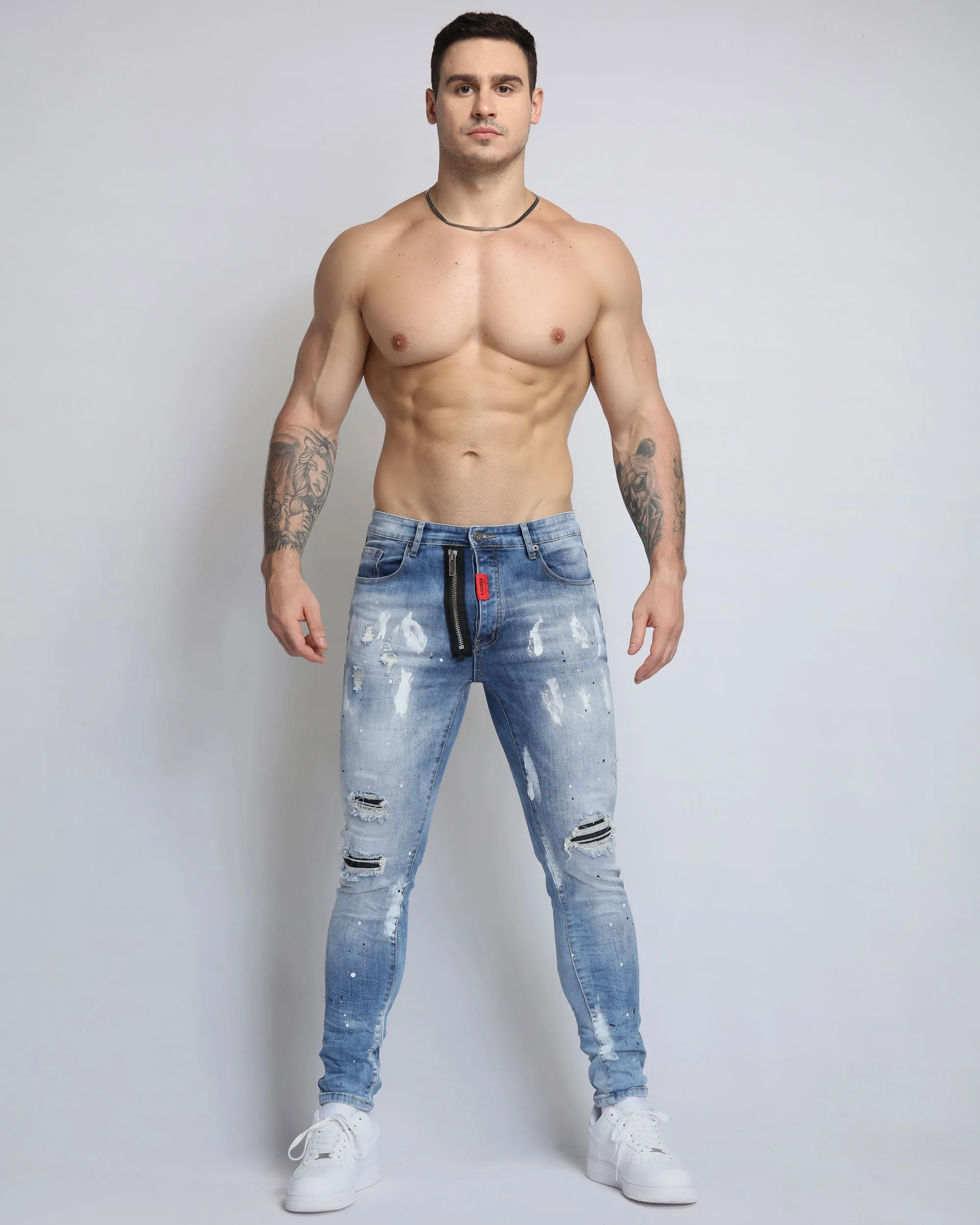 Vintage Spattered Ripped Denim Jeans
