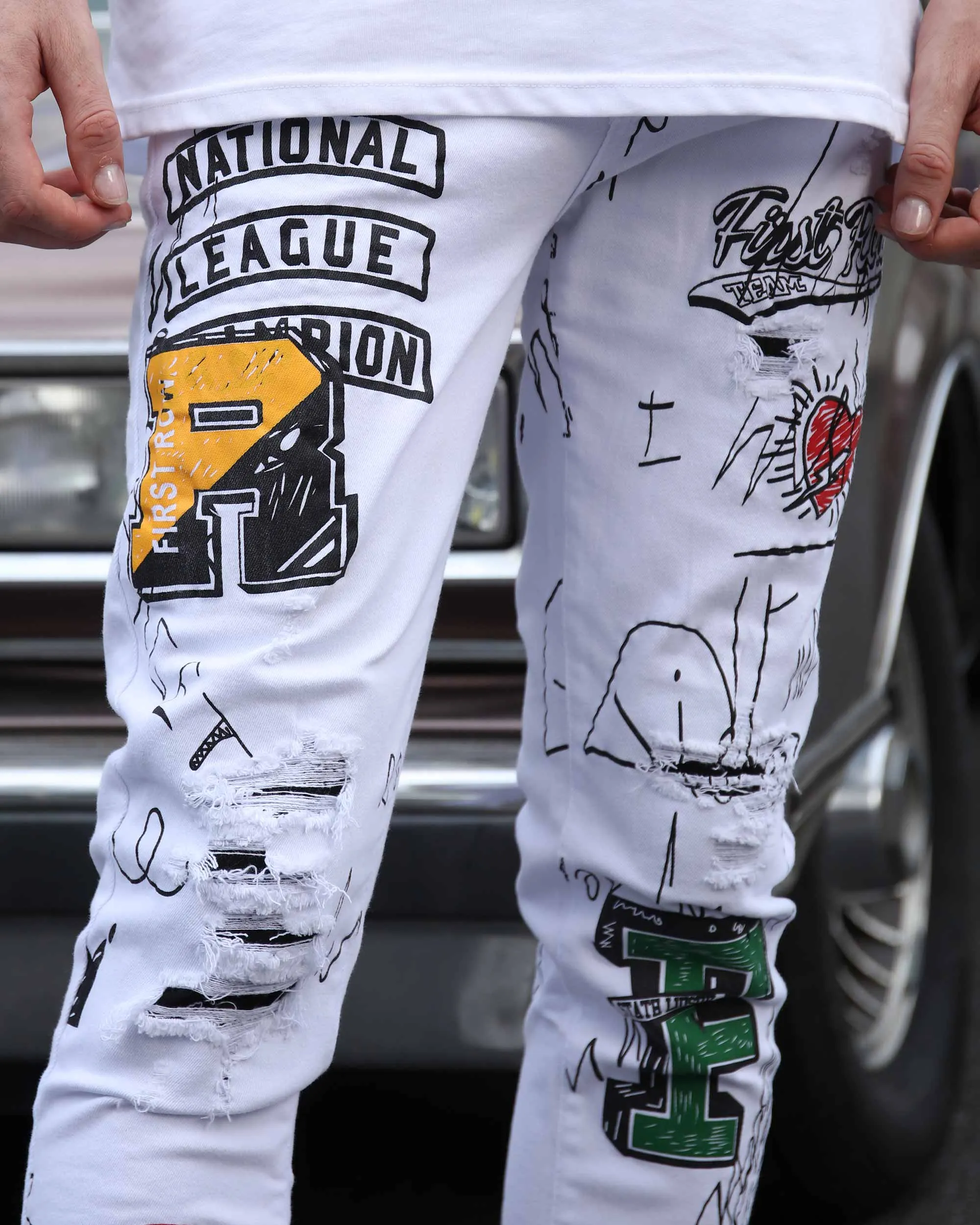 White Ripped Jeans with Colorful Graffiti and Embroidery