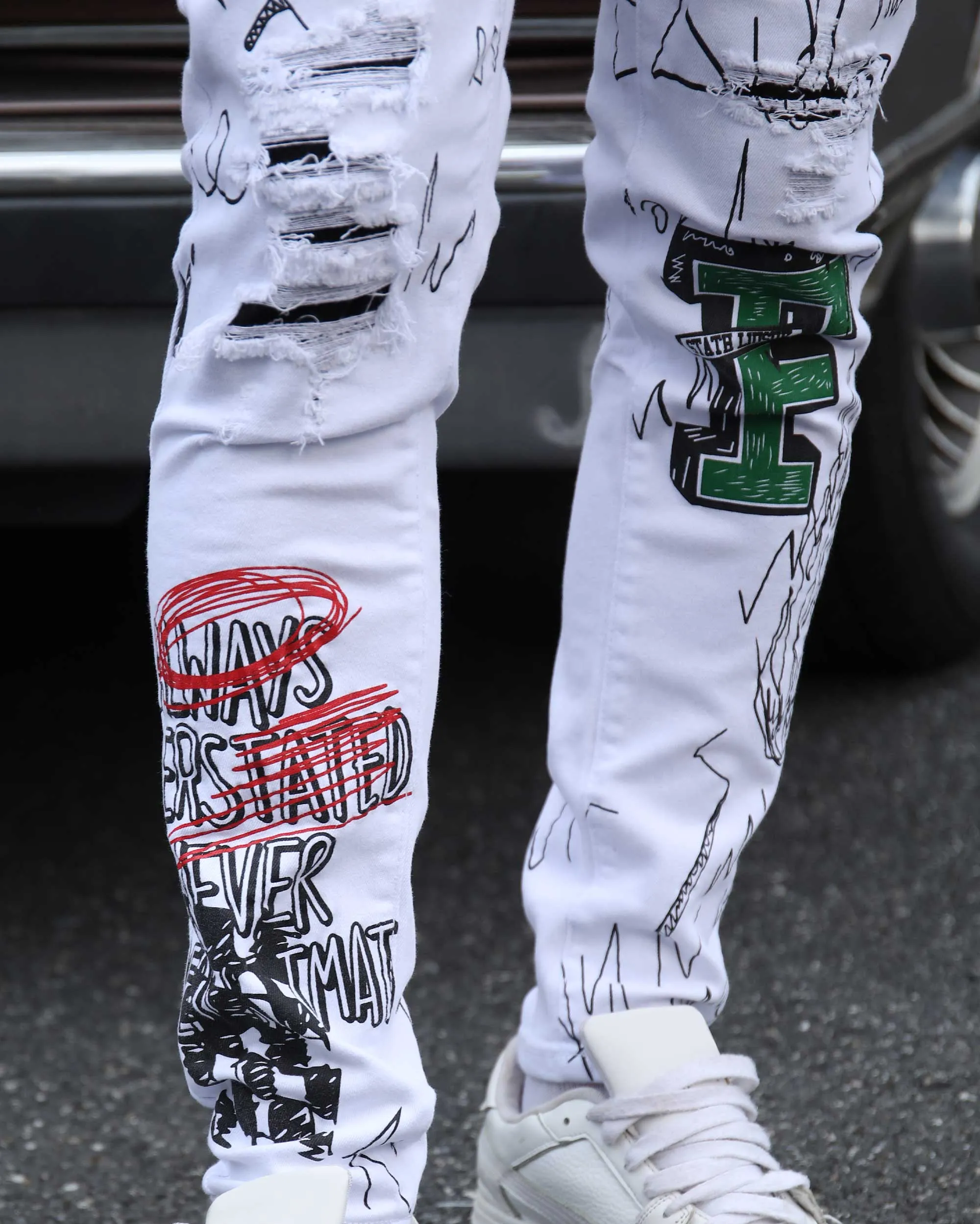 White Ripped Jeans with Colorful Graffiti and Embroidery