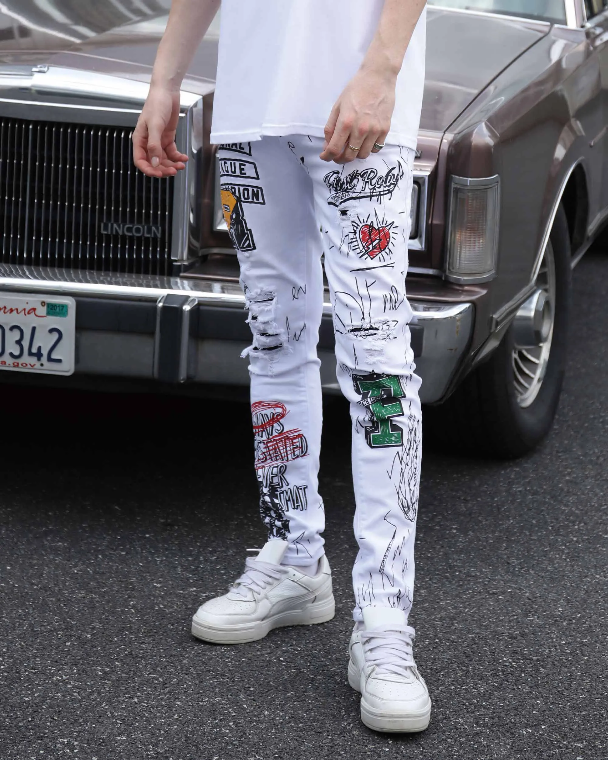 White Ripped Jeans with Colorful Graffiti and Embroidery