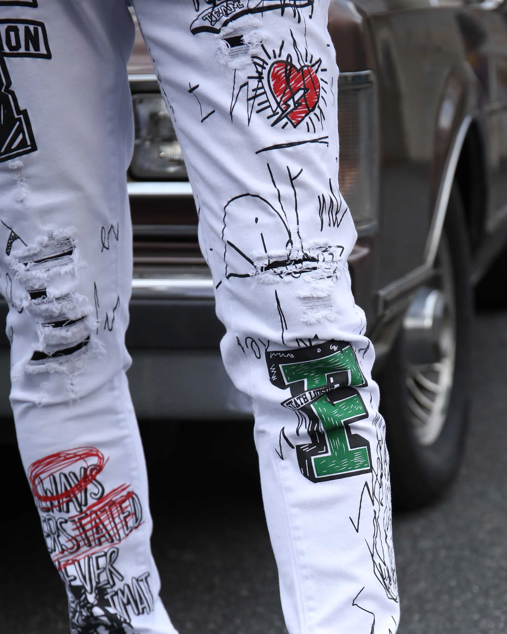 White Ripped Jeans with Colorful Graffiti and Embroidery