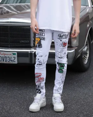 White Ripped Jeans with Colorful Graffiti and Embroidery