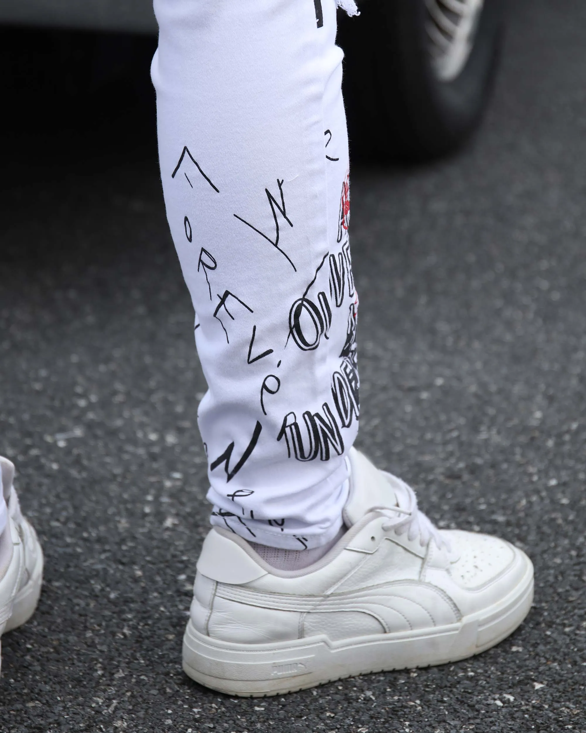 White Ripped Jeans with Colorful Graffiti and Embroidery