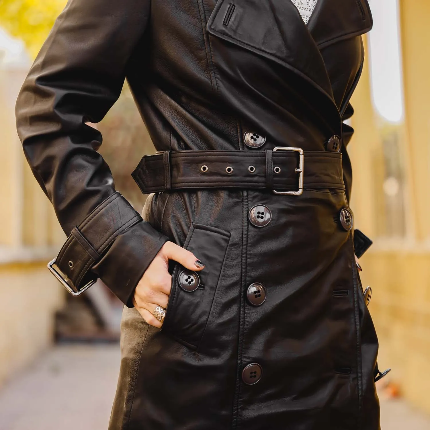 Women 's Double Breasted Black Leather Trench Coat